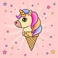 Unicorn ice cream. Cute little unicorn in a waffle cone on pink background